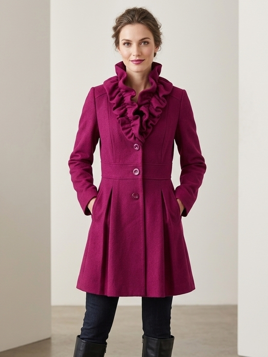 RW&CO. Jackets & Blazers - RW&CO. Deep Magenta Wool-Blend Coat with Ruffle Collar Size Med